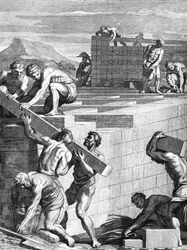 Die Mauern der Städte unter den Galliern sind aus abwechselnden Schichten von Steinen und Balken gebaut, graviert von Cornelis Huyberts, Illustration zu Caesars Commentaries, ins Englische übersetzt von William Duncan