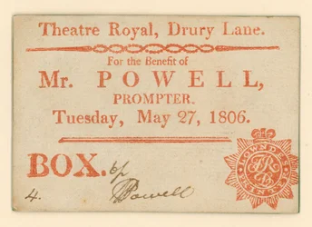 Ticket für Drury Lane Theatre, London: Zum Vorteil von Mr Powell, Souffleur, 27. Mai 1806