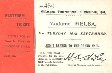 Eintrittskarte für Nellie Melba bei der Glasgow International Exhibition, 1901