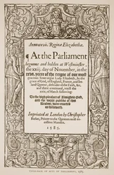 Titelseite von Acts of Parliament, gedruckt von Christopher Barker (1528-99), 1585 (Sepia-Foto)