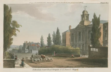 Tottenham Court Road Mautstelle und St. James Kapelle, London