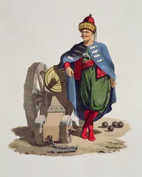 Türkischer Soldat, aus Kostüme der verschiedenen Nationen, Band VII, Die Militäruniform der Türkei, von Thomas MacLean, veröffentlicht ca. 1800-18