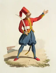 Türkischer Soldat, aus Costumes of the Various Nations, Band VII, The Military Costume of Turkey, von Thomas MacLean, veröffentlicht ca. 1800-18