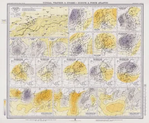 Typisches Wetter und Stürme, Europa und Nordatlantik (Farblithografie)