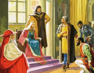 Unidentifizierte Szene mit einem Mann, der vor der Königin und ihren Höflingen kniet