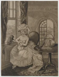 Ohne Titel (Frau sitzt am Fenster und betrachtet einen kleinen Hund), ca. 1780