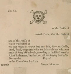 Unbenutztes Formular zur Bezeugung der Beerdigung eines Körpers in Schafwolle