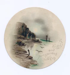 Viktorianische Neujahrskarte mit einer Meereslandschaft und zwei Yachten bei Mondschein, ca. 1880