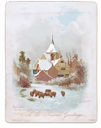 Viktorianische Grußkarte von Schafen, die in der Nähe einer Kirche im Schnee wandern, ca. 1880