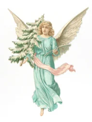 Viktorianisches Scherenschnitt-Relief eines Engels mit einem Tannenbaum, ca. 1880