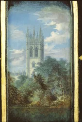 Viktorianisches Nähschrankpanel dekoriert mit einer Szene des Magdalen College, Oxford