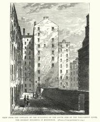 Blick von der Cowgate auf die Gebäude auf der Südseite des Parliament Close, die höchsten Gebäude in Edinburgh (Stich)