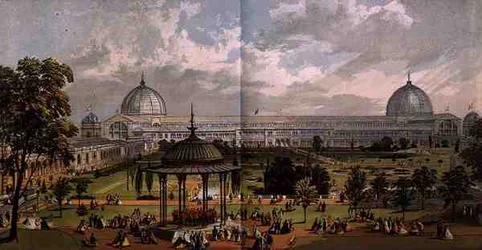 Ansicht vom Gartenbaugelände auf das Äußere der Großen Ausstellung von 1851, aus „Dickinson