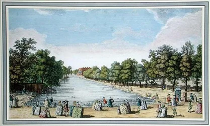 Ansicht formaler Gärten mit einem See, wahrscheinlich das Long Water im Hampton Court
