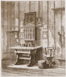 Ansicht von Luthers Zimmer auf der Wartburg, zeigt den Tintenfleck an der Wand, Illustration aus Die Geschichte des Protestantismus von James Aitken Wylie, veröffentlicht 1878
