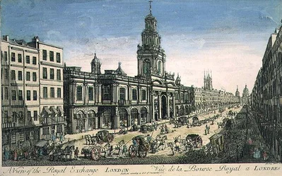 Ansicht der Royal Exchange, London, graviert von Pierre Moithey