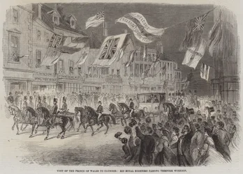 Besuch des Prinzen von Wales in Clumber, Seine Königliche Hoheit passiert Worksop (Stich)