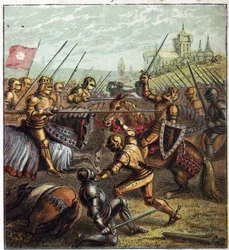 Rosenkriege (1455-1485); Schlacht von Tewkesbury (4. Mai 1471). Illustration des englischen Bürgerkriegs, der durch die Teilung der Nachfolger von König Edward III. (1327-1377) in zwei Zweige entstand. Schlacht von Tewkesbury: die letzte Schlacht im Rosenk