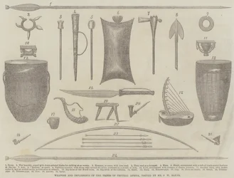 Waffen und Werkzeuge der Stämme Zentralafrikas, besucht von Mr. S. W. Baker (Stich)