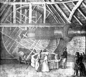 Brunnenaufzug betrieben von einem Esel, um 1870
