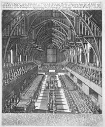 Westminster Hall während der Feierlichkeiten nach der Krönung Jakobs II., 23. April 1685