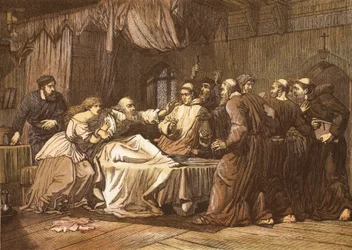 Wicliffe auf seinem Sterbebett von Mönchen angegriffen, graviert von T. Bolton