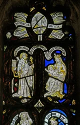 Fenster Ew, Jessebaum-Figuren: herabsteigende Gaben des Geistes in die Geburt Christi mit der Jungfrau Maria und ?Joseph mit Pferd/Esel