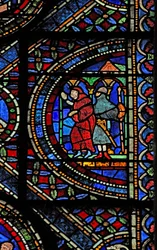 Fenster n7, Szene aus dem Leben von St. Thomas Becket: ein bewaffneter Ritter und ein Mönch