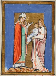 Yates Thompson 26 f.62v St. Cuthbert heilt ein Kind mit der Pest, Illustration aus dem 