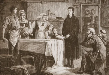 Junger Calvin, der der Familie in Bourges die Bibel erklärt, Illustration aus Die Geschichte des Protestantismus von James Aitken Wylie, veröffentlicht 1878