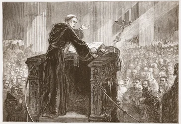 Zwingli predigt im Zürcher Münster, Illustration aus Die Geschichte des Protestantismus von James Aitken Wylie, veröffentlicht 1878