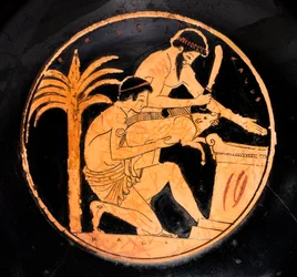 Schale mit schwarzer Glasur und roten Figuren: Opferszene (Terrakotta)