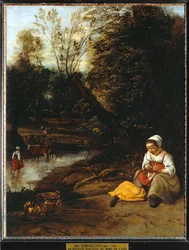 Frau, die ein kleines Mädchen am Wasser entlaust ...
