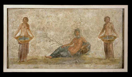 Fragment einer Wandmalerei: Gott mit Blumen