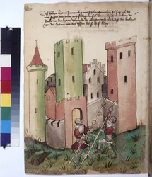 Ganzseitig: Burg und Anweisungen zur Verwendung einer Leiter mit Rädern, um 1430 (farbige Federzeichnung)