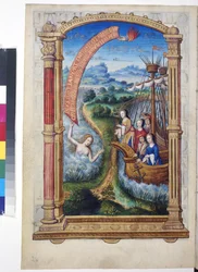 Vollseite: Miniatur in architektonischem Rahmen: Zwei Schiffe mit Margarete von Österreich und anderen Figuren in weiter Landschaft, um 1504