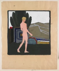 Stehender männlicher Akt in einer Landschaft, um 1914