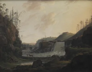 Flusslandschaft mit einem Wasserfall bei Bogstad in Norwegen