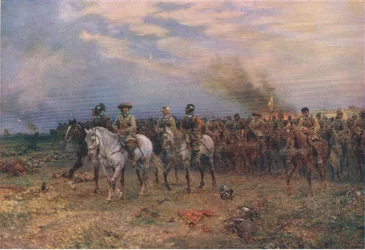 Cromwell bei Marston Moor, Illustration aus „The History of the British People“, herausgegeben von Waverley, ca. 1940