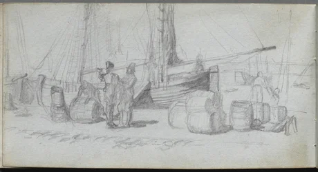 Skizzenbuch, Seite 50: Boote, Figuren, Fracht am Strand