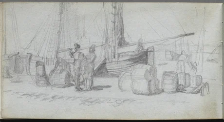 Skizzenbuch, Seite 50: Boote, Figuren, Fracht am Strand