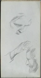 Skizzenbuch, Seite 70: Studie von zwei Gesichtern und einer Hand