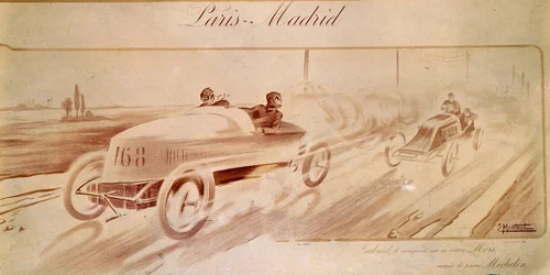 Motorsport: „Paris Madrid“: Gabriel Sieger auf Mors mit Michelin-Reifen. Illustration 1903