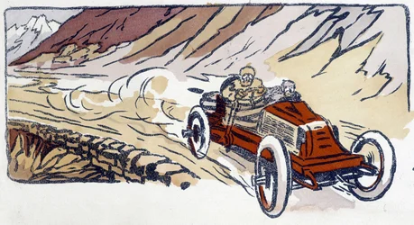 Renault-Auto bei Paris-Wien 1902 Zeichnung von Ernest Montaut (1878-1909)