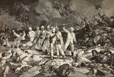 Schlacht von Dogali, letzte Überlebende präsentieren Waffen, salutieren den Gefallenen, Eritreischer Krieg, Gravur von Ernesto Mancastroppa und Cantagalli nach einer Zeichnung und Komposition von Ludovico Pogliaghi, aus L