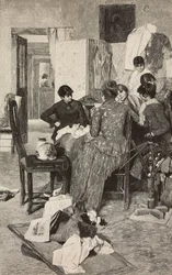 El me dise la so rossa, Frau liest Brief, nach einem Gemälde von Giacomo Favretto, Gravur von Ernesto Mancastropa aus L