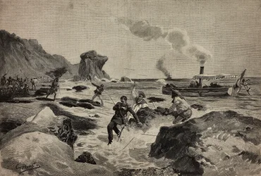 Tötung des Leutnants Carlo Zavagli (1867-1890) in Warsheikh, Somalia, am 24. April, gestochen von Ernesto Mancastroppa nach einer Zeichnung von Gennaro Amato, aus L