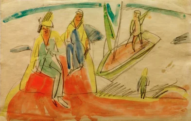 Menschen und Boot am Strand