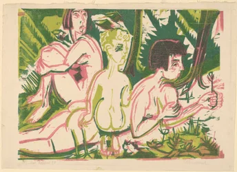 Nackte Frauen mit einem Kind im Wald
