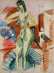 Stehende weibliche Aktfigur in einer Wanne